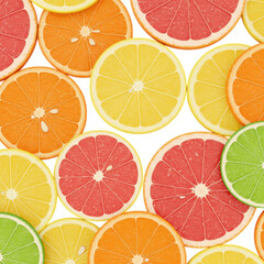 Fototapeta premium Assortment of fresh citrus fruit slices including grapefruit orange and lemon isolated on transparent background
