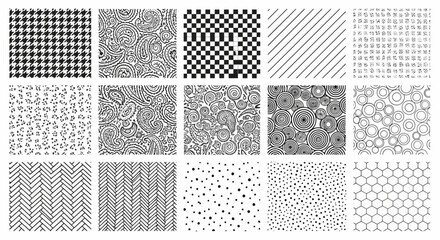 Collection of nine black and white vector seamless texture patterns for backgrounds, white background