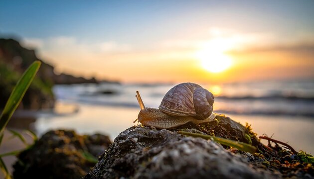 A close-up captures a snail on a rock, with a serene beach and vibrant sunset as the backdrop, conveying a moment of tranquility