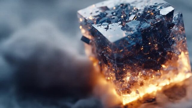 Abstract crystalline cube with glowing interior and cloud background