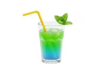 Refreshing blue and green gradient cocktail with mint garnish and yellow straw isolated on transparent background