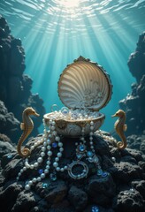 Underwater treasure chest with pearls, gems, and seahorses on ocean floor rocks.