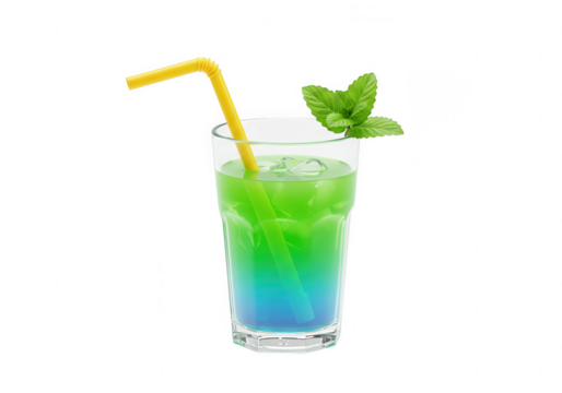 Refreshing blue and green gradient cocktail with mint garnish and yellow straw isolated on transparent background