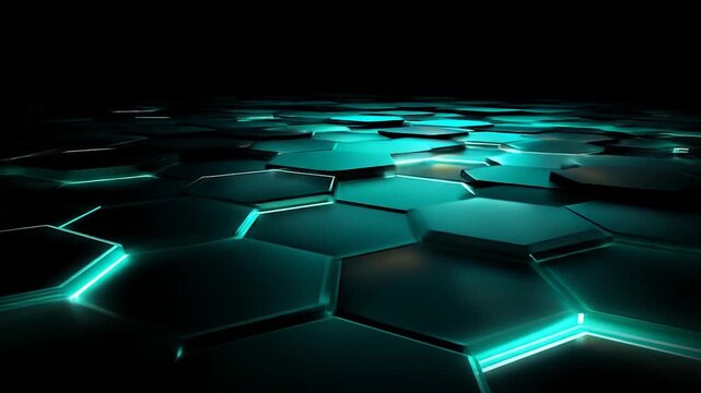 Abstract 3 d render of hexagon shapes with bright teal neon lights