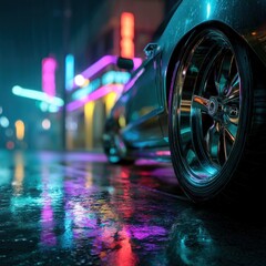 Car wheel in neon night reflection