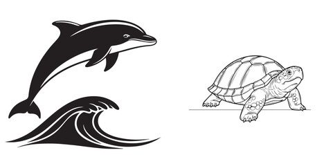 Silhouette Dolphin and Outline Turtle on White © reza