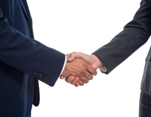 Professional handshake between two executives wearing formal suits on white background, representing successful agreement.
