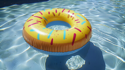 A vibrant yellow rubber swim ring drifting across the sun-dappled surface of a swimming pool, rubber ring in the pool