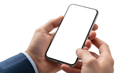 Man hands holding smartphone with blank screen for mockup. Isolated on transparent background, png