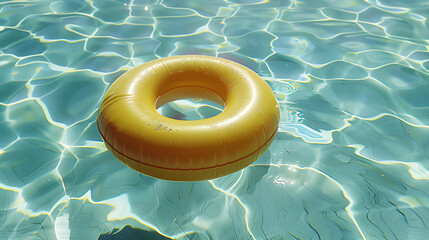 A vibrant yellow rubber swim ring drifting across the sun-dappled surface of a swimming pool, rubber ring in the pool