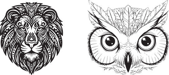 Tribal Style Lion and Owl Faces Illustration on White Background