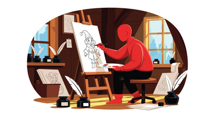 A Creative Artist Drawing a Detailed Illustration in a Rustic Studio