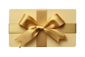 Golden ribbon tied in a bow on a pale yellow gift card image, Isolated On Transparent Background, Png Cut Out