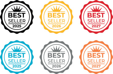 Six colour set of best seller badge. Set of retro badges.