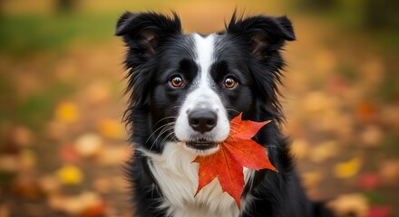 Fototapeta premium Border Collie Dog Holding Red Maple Leaf in Mouth with Autumn Foliage in Background Featuring Yellow, Orange, and Brown Leaves