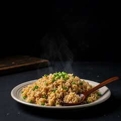 Steaming Plate of Fried Rice with Green Onions and Wooden Spoon.