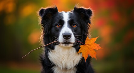 Fototapeta premium Border Collie Dog Holding Red Maple Leaf in Mouth with Autumn Foliage in Background Featuring Yellow, Orange, and Brown Leaves