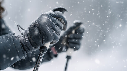 Skier with ski poles in heavy snowfall, preparing for winter sports competition.