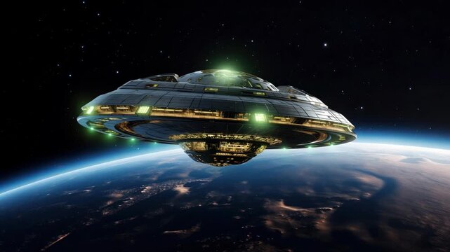 Futuristic spaceship hovers above Earth, captured from a low-angle view. The video-style image showcases a sci-fi theme with cosmic elements. Live desktop wallpaper.