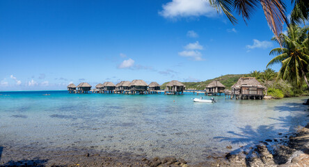 Bandoned bungalows in Bora Bora, French Polynesia, South Pacific Ocean