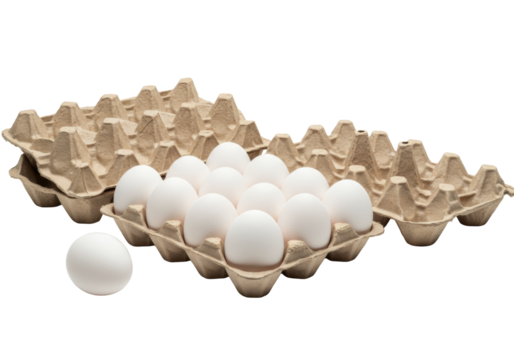 Eighteen fresh white chicken eggs in three natural fiber cardboard cartons, isolated on a transparent background with copy space, soft shadows, photorealistic still life, concept of natural purity and