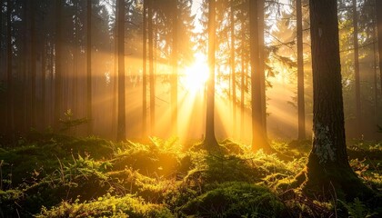 霧が出ている朝焼けの森林