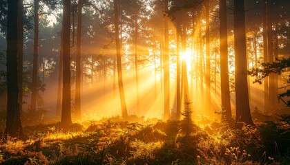 霧が出ている朝焼けの森林