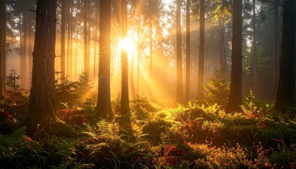 霧が出ている朝焼けの森林