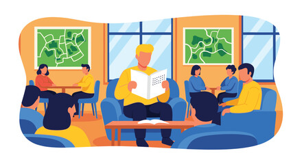 A man reads aloud to a diverse group of people in a bright community space