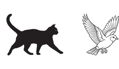 Silhouette of a Cat and a Bird in Flight on White Background