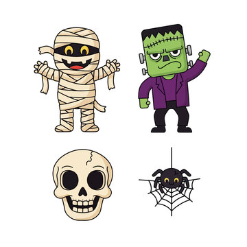 Set of four adorable cartoon Halloween monster icons including a mummy, Frankenstein's monster, a skull, and a spider