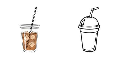 Simple Line Art and Colored Iced Coffee Cup Illustrations