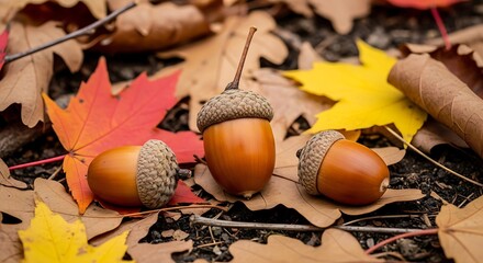Autumnal Acorns Amidst Colorful Fallen Leaves on Forest Floor.