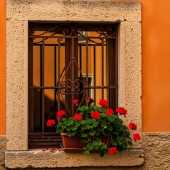 Window with Red Geraniums in Italy - A Charming Architectural Detail.