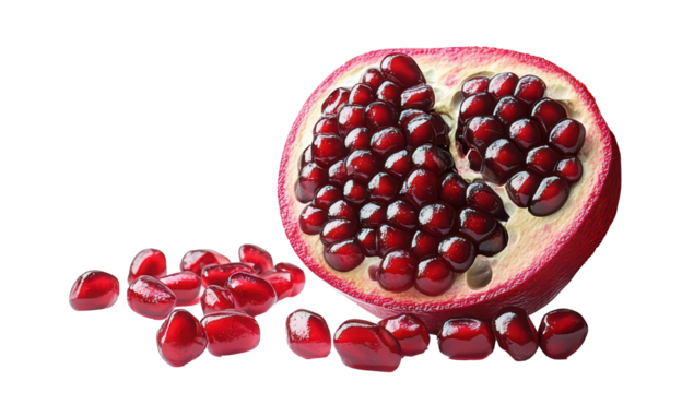 Pomegranate half with vibrant red seeds, representing freshness and vitality in every bite PNG cut out.