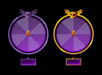 Halloween fantasy spin the wheel UI with skull bat wings and glowing purple golden theme on dark background