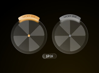 Glassmorphism lucky spin wheel game UI, elegant transparent interface with gold and silver theme, modern glossy design on dark gradient background.