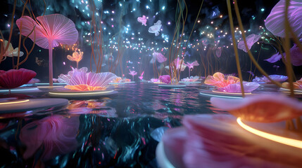 Magical glowing lotus flowers illuminate a serene fantasy pond with shimmering reflections and ethereal light