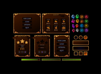 Golden fantasy game UI design, RPG GUI pack with gems and elemental icons, elegant gold interface for shop, menu, victory and progress bar screens.