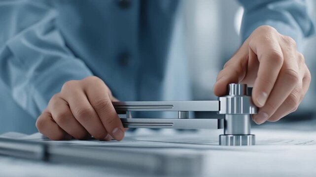 Engineer uses both hands to carefully adjust measuring instrument on table, turning knobs and aligning device with focus in bright workshop environment.