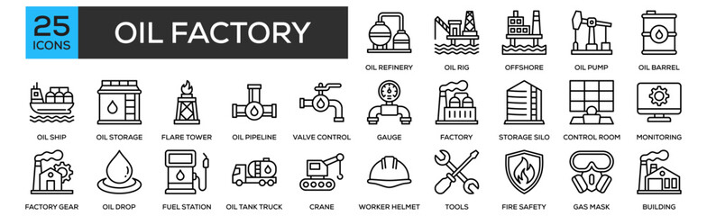 Oil Factory icon collection set. Containing design Oil Refinery, Oil Rig, Offshore Platform, Oil Pump Jack, Barrel