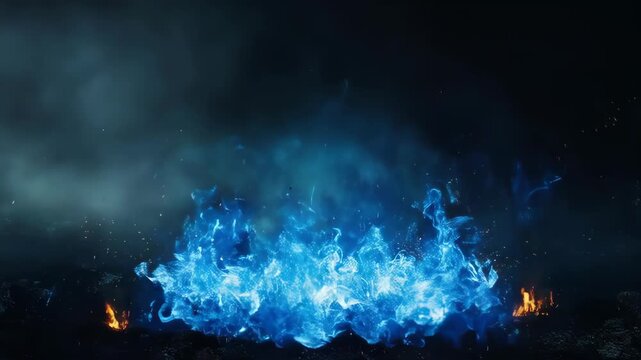 A vibrant blue fiery explosion erupts from dark ground, with a small orange flame present