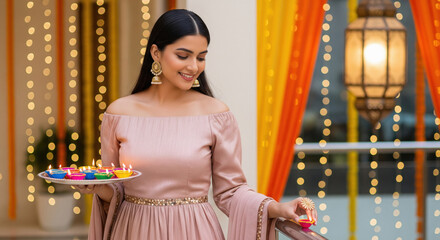 Obraz premium Joyful Indian Woman Celebrating Diwali with Traditional Diyas