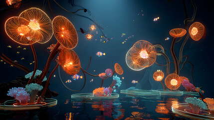 Bioluminescent jellyfish illuminate the dark ocean depths with ethereal orange and blue light