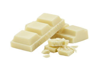 Two large, richly textured creamy white chocolate pieces, propped, with shards and crumbs, isolated on a transparent background with copy space, soft shadows. Concept for premium white chocolate