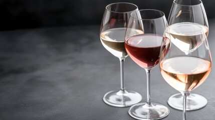 Elegant Wine Glasses with Red, White, and Ros&eacute; Wine on Dark Background - Wine Tasting, Variety, Gourmet, Fine Dining, Copy Space