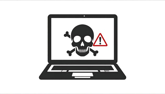 A black laptop graphic on a white background. Its screen displays a skull and crossbones icon with a red exclamation point warning
