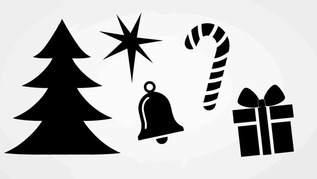 Black christmas tree star bell candy cane and gift box silhouettes isolated on a white background image