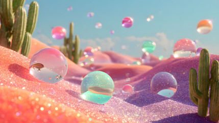 Surreal desert landscape with glowing translucent orbs and alien cacti under a vibrant sky