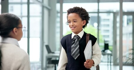 Kids, recruitment or handshake in workplace, pretend or thank you with job interview. Shaking hands, children or agreement with human resource management, dress up or hello with costume or role play - Powered by Adobe